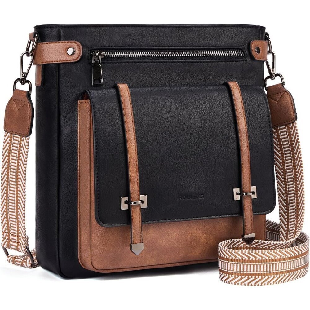 Women’s Black/Brown Leather Purses Multi-Pocket Adjustable Strap Crossbody Bags